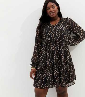 Curves Black Floral Chiffon Ruff Mini Dress