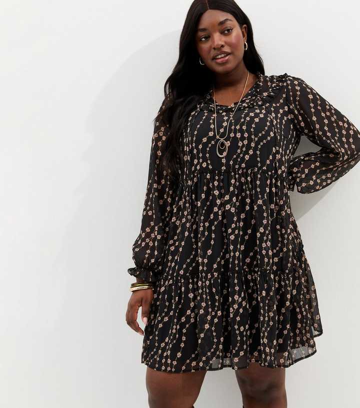 Curves Black Floral Chiffon Ruff Mini Dress