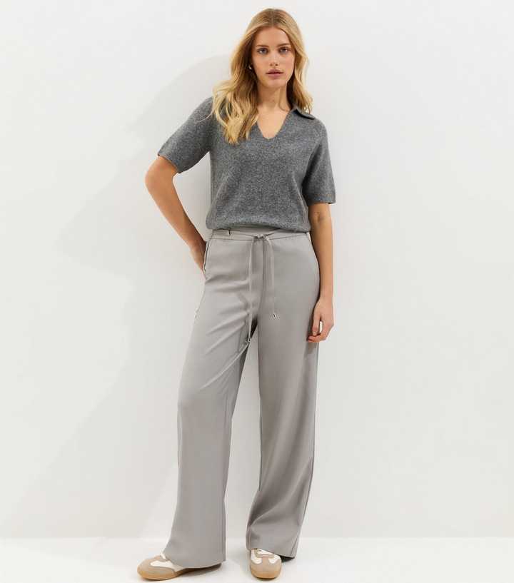 Light Grey Tie Waist Wide Leg Trousers