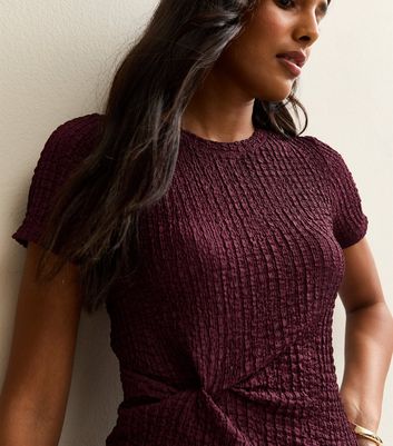 Dark Burgundy Textured Twist Short Sleeve Top