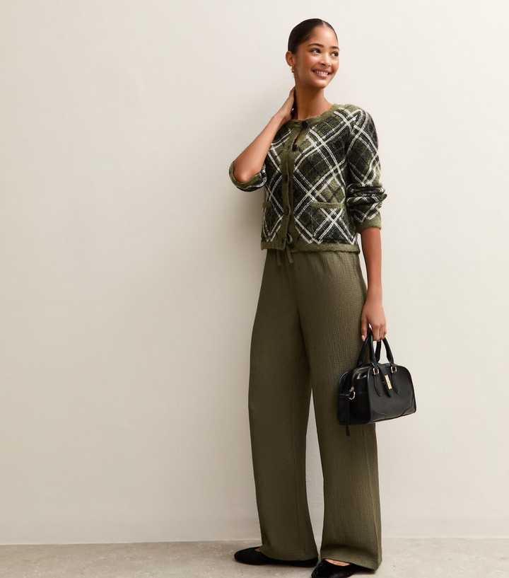 Light Khaki Textured Wide Leg Trousers