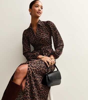 Brown Crinkled Leopard Print Shirt Dress