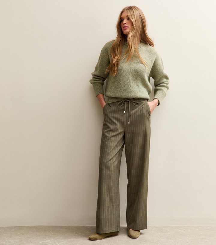 Khaki Stripe Tie Waist Wide Leg Trouser