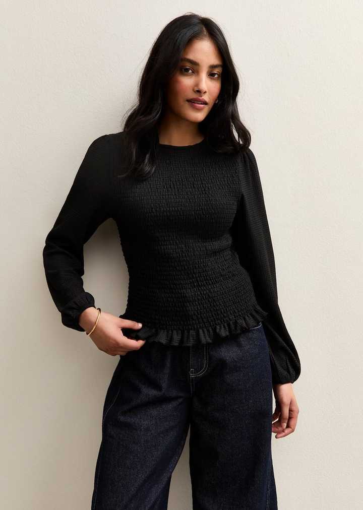 Black Shirred Long Sleeve Top