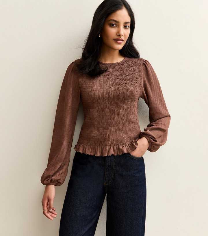 Brown Shirred Long Sleeve Top
