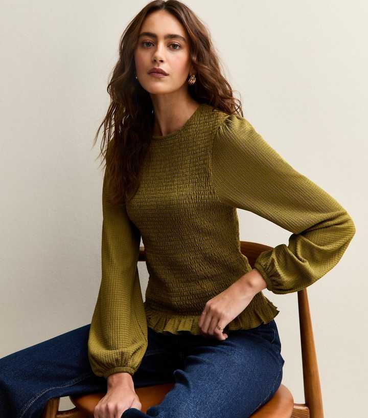 Khaki Shirred Long Sleeve Top