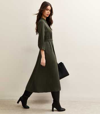 Dark Khaki Long Sleeve Crepe Midi Shirt Dress