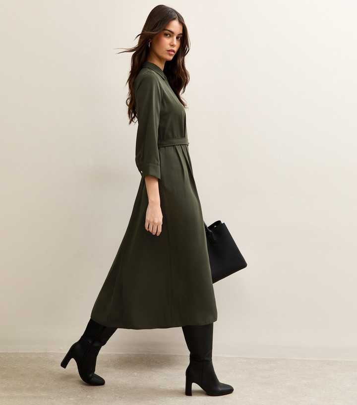 Dark Khaki Long Sleeve Crepe Midi Shirt Dress