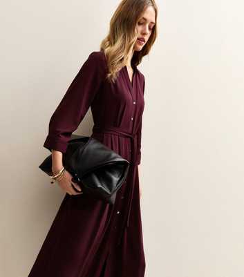 Dark Burgundy Long Sleeve Crepe Midi Shirt Dress