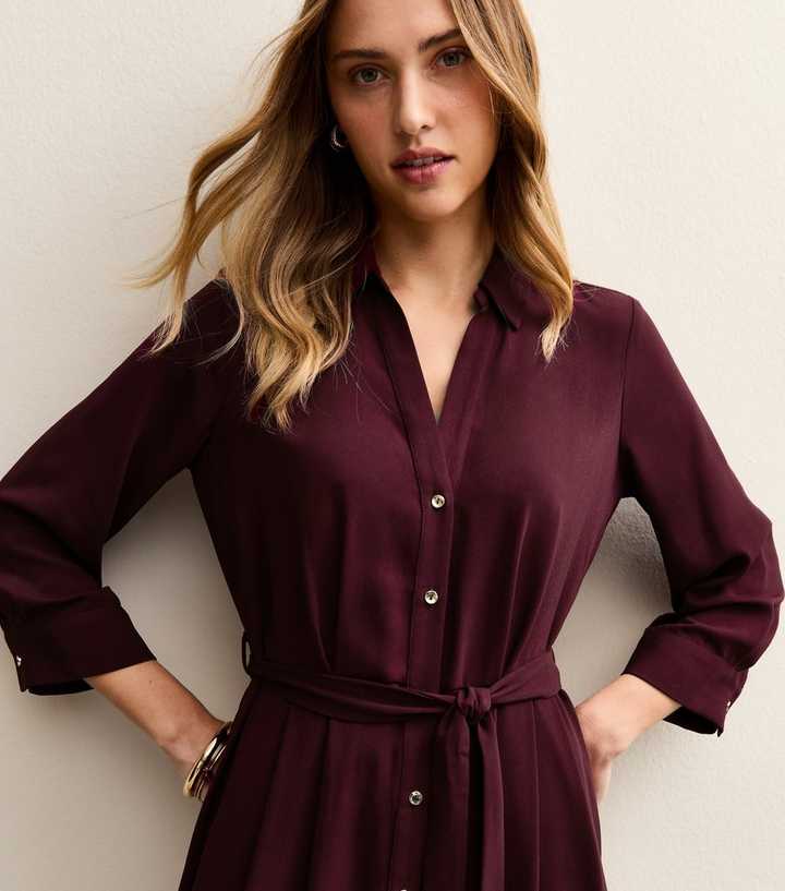 Dark Burgundy Long Sleeve Crepe Midi Shirt Dress | New Look