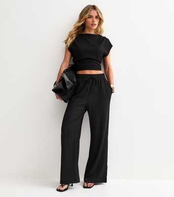 Petite Black Textured Wide Leg Trousers