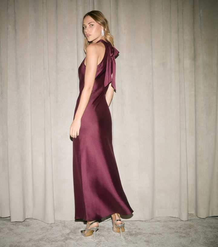 Dark Burgundy Satin Halterneck Midi Dress | New Look