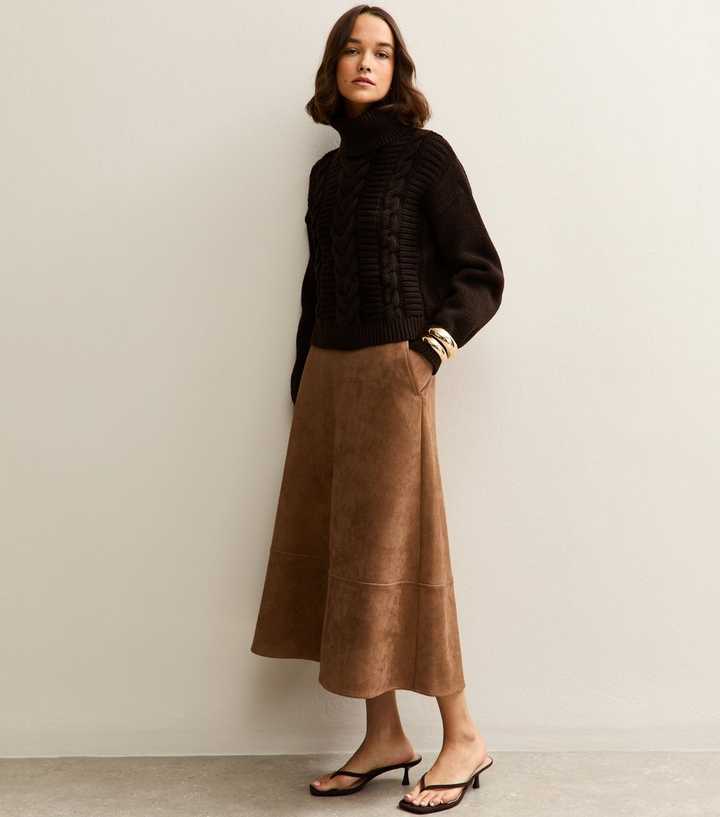 Tan Faux Suede A Line Midi Skirt
