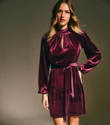 Dark Burgundy Velvet Long Sleeve Belted Mini Dress