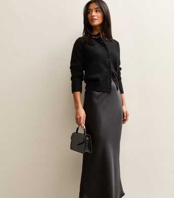 Petite Black Satin Midi Skirt
