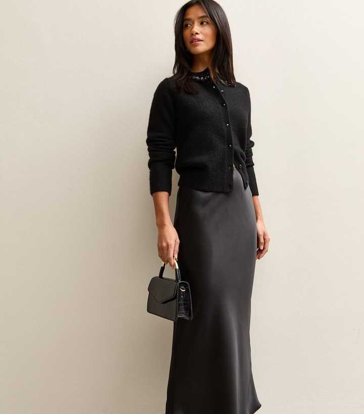 Petite Black Satin Midi Skirt