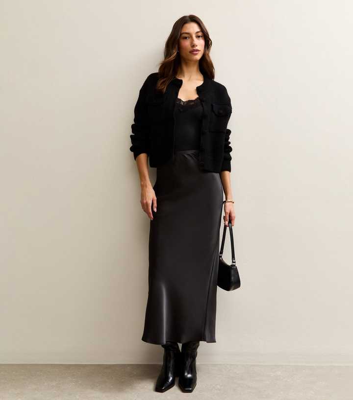Tall Black Satin Midi Skirt
