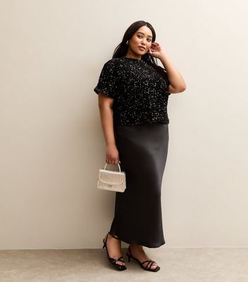 MURRAL　Curvy satin skirt Curves Black Satin Midi Skirt | New Look