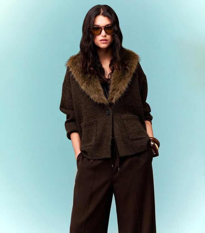 Dark Brown Cardigan with Detachable Faux Fur Collar
