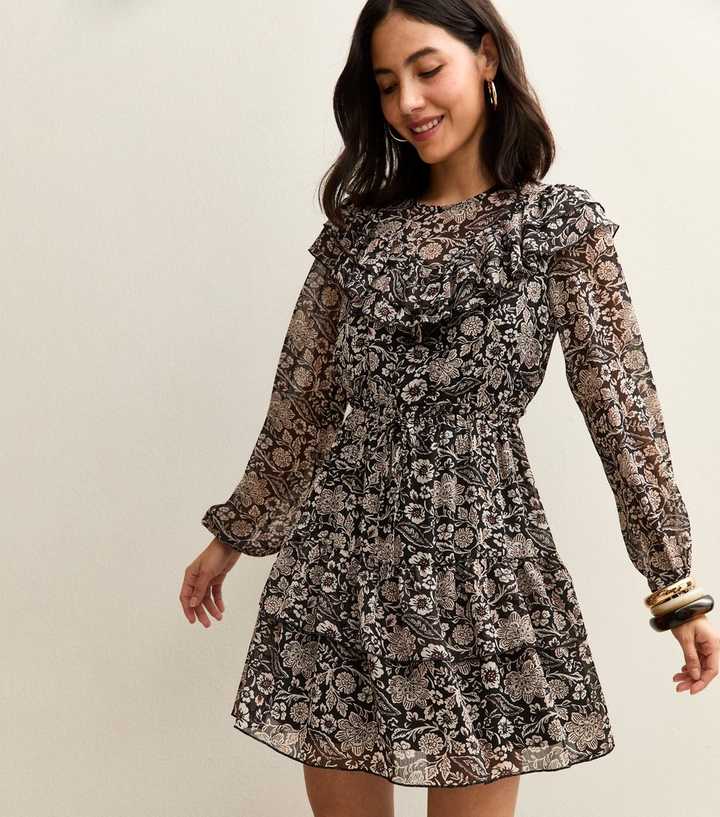 Black Floral Print Ruffled Long Sleeve Mini Dress