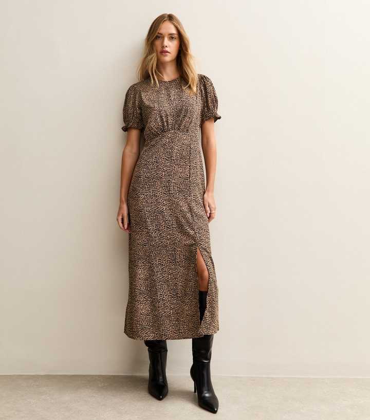 Brown Animal Print Puff Sleeve Midi Dress