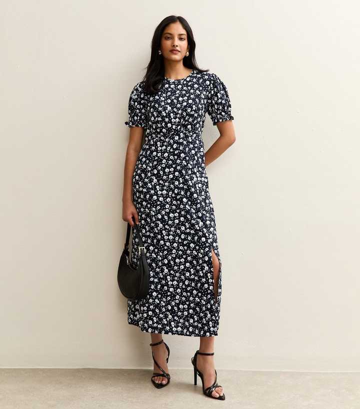 Blue Floral Print Slit Hem Midi Dress