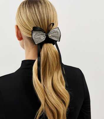 Black Velvet Silver Diamante Bow Scrunchie