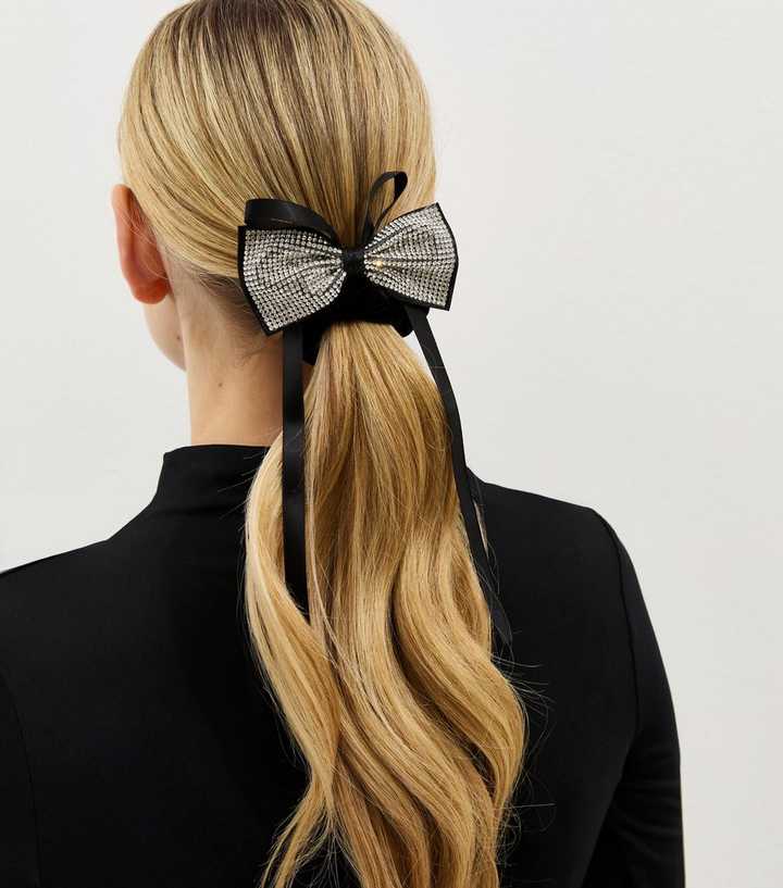 Black Velvet Silver Diamante Bow Scrunchie
