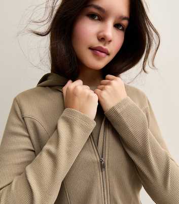 Girls Camel Waffle Texture Zip Up Hoodie