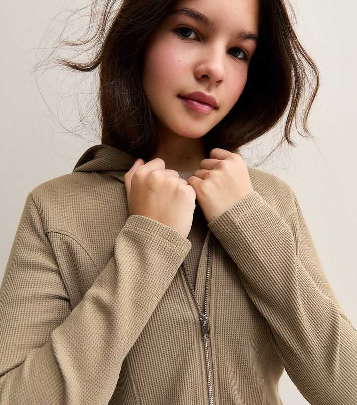 Girls Camel Waffle Texture Zip Up Hoodie