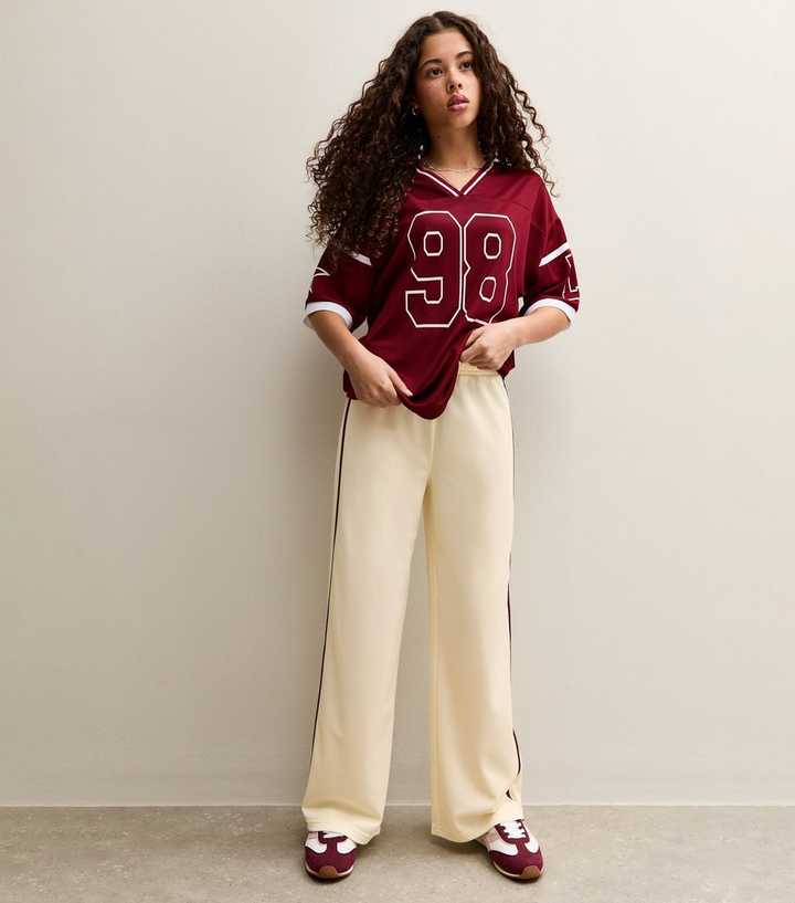 Girls Cream Contrast Trim Wide Leg Joggers