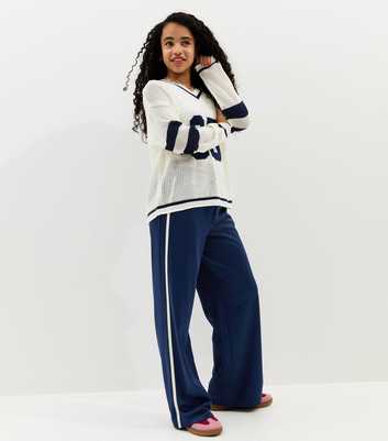Girls Navy Contrast Trim Wide Leg Joggers