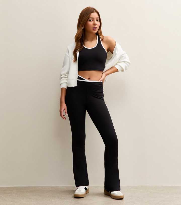 Girls Black Cross Over Waistband Flared Leggings