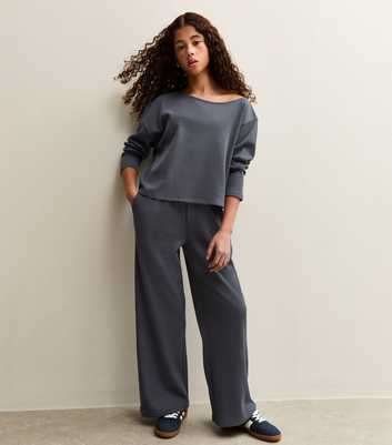 Girls Blue Waffle Wide Leg Trousers