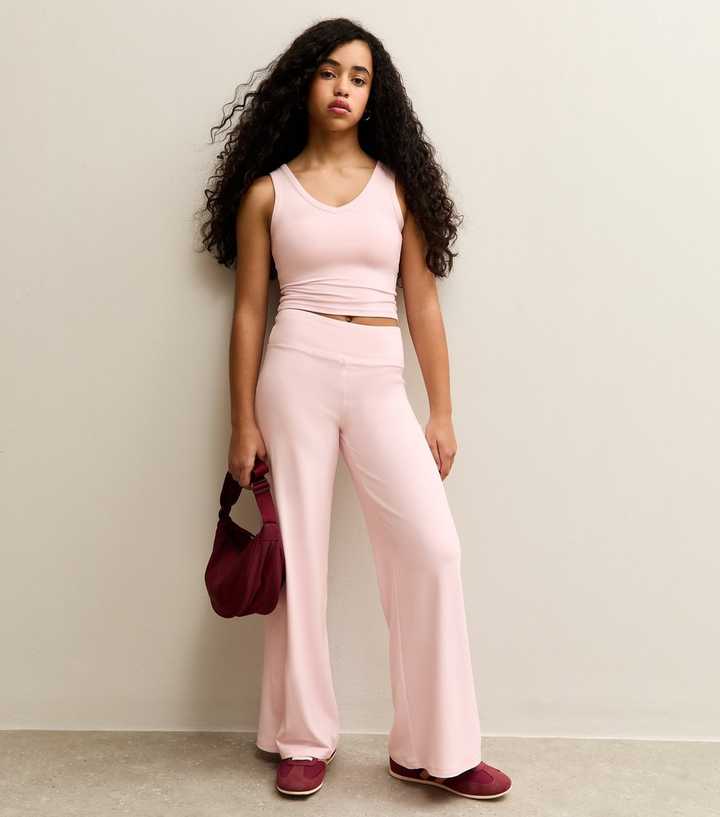 Girls Light Pink Stretchy Wide Leg Leggings