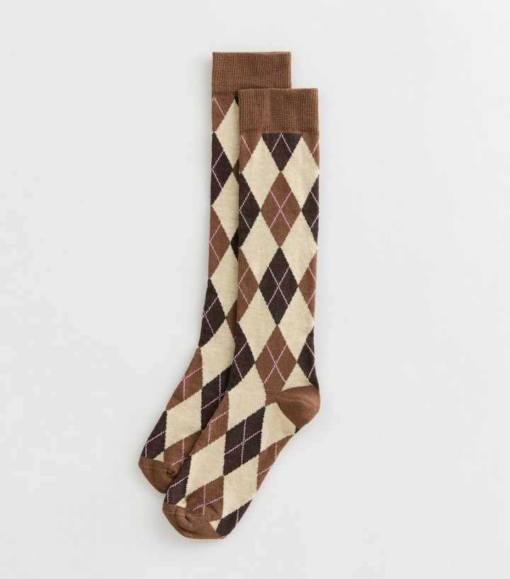Brown Argyle Knee High Socks