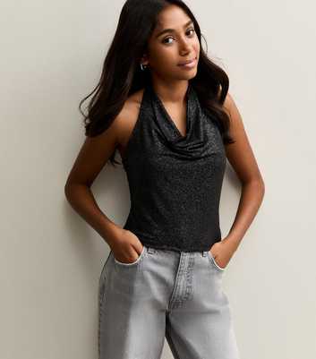 Girls Black Sparkly Cowl Neck Top