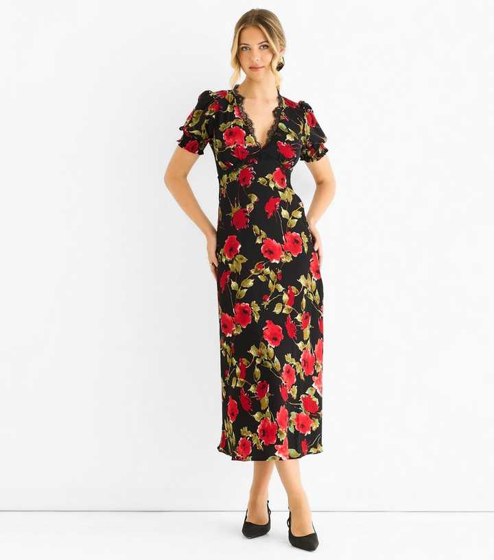 Gini London Black Floral Lace Trim Midi Dress