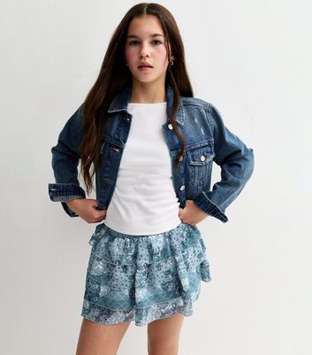 Girls Blue Chiffon Paisley Tiered Rara Skort