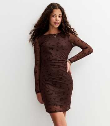 Girls Brown Mesh Flocked Floral Dress