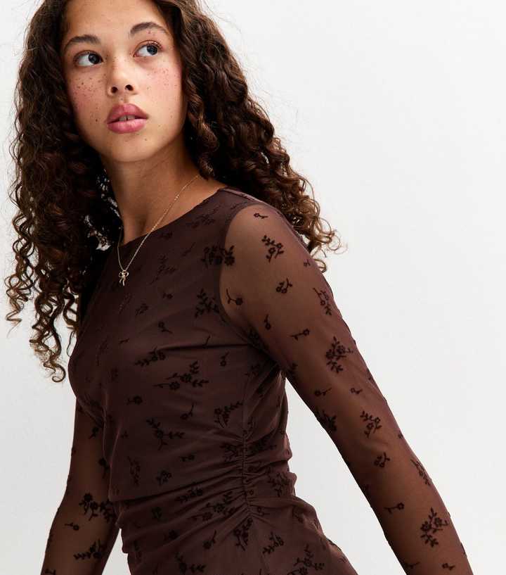 Girls Brown Mesh Flocked Floral Dress | New Look Girls Brown Mesh Flocked Floral Dress | New Look