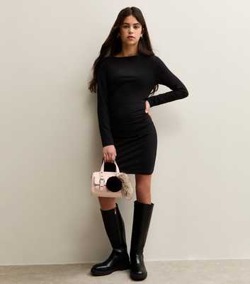 Girls Black Stretch Cotton Slash Neck Long Sleeve Dress