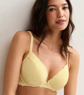 Light Yellow DD+Floral Lace Plunge Bra