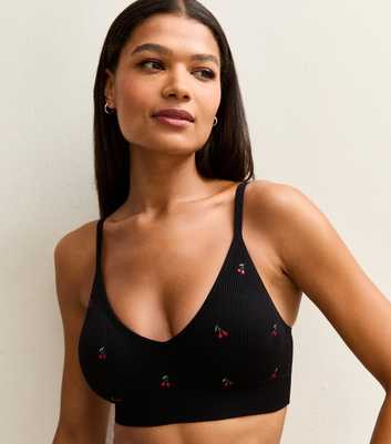 Black Ribbed Embroidered Cherry Seamless Crop Top Bra