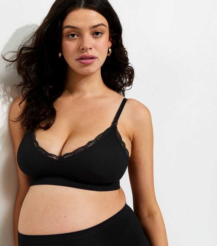 Maternity Black Lace Trim Ribbed Seamless Nursing Bra