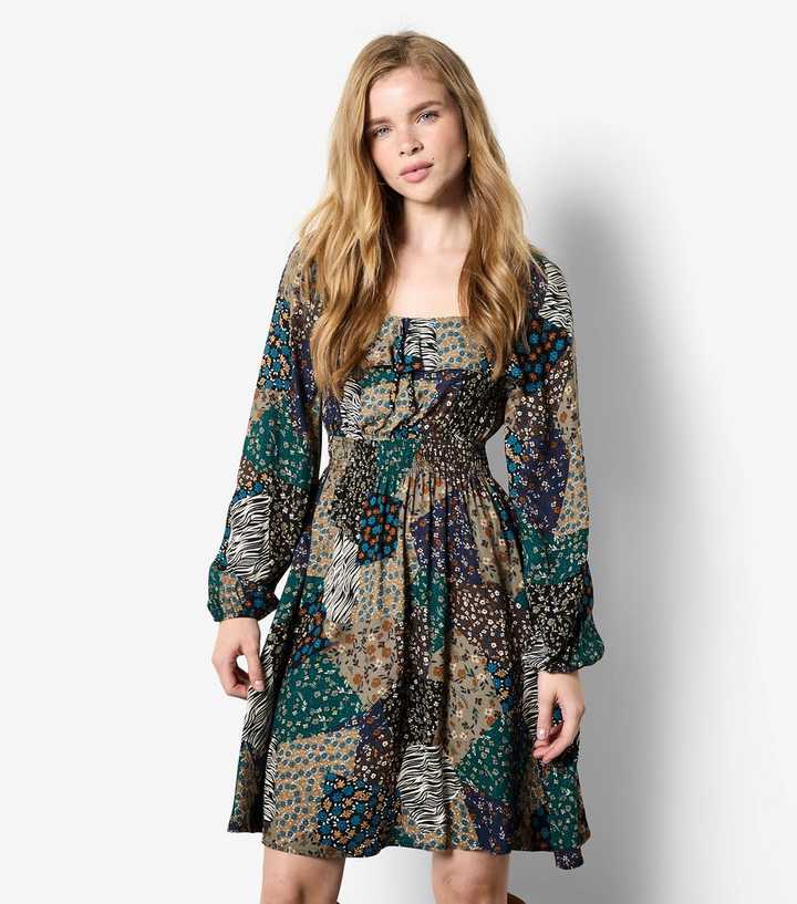 Apricot Khaki Patchwork Print Dress