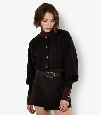 Apricot Black Ribbed Batwing Sleeve Cropped Cardigan