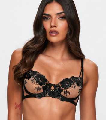 Ann Summers Black Mesh Floral Embroidered Balconette Bra