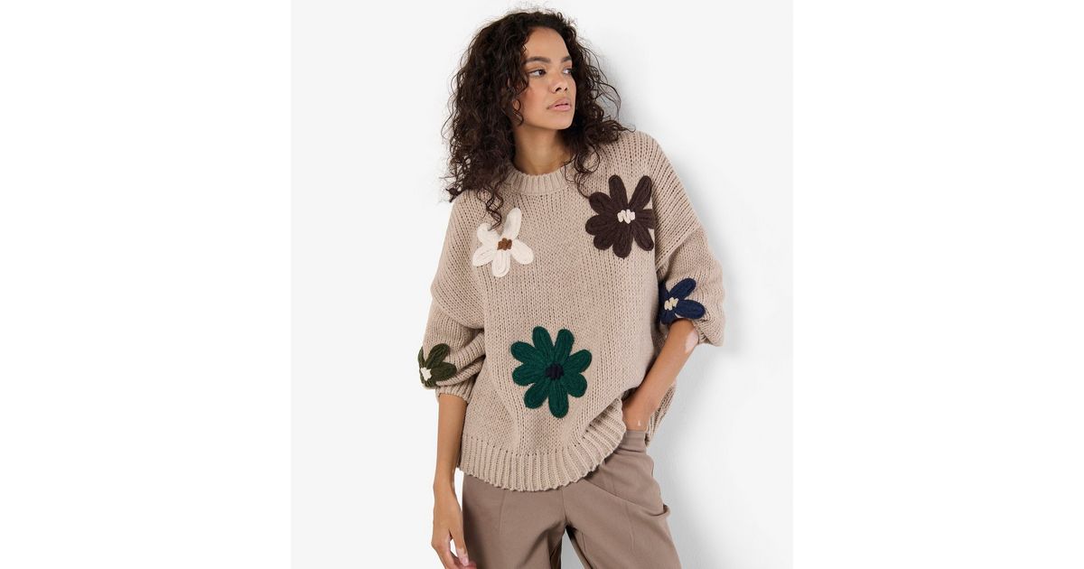 Apricot Stone Daisy Embroidered Oversized Jumper New Look