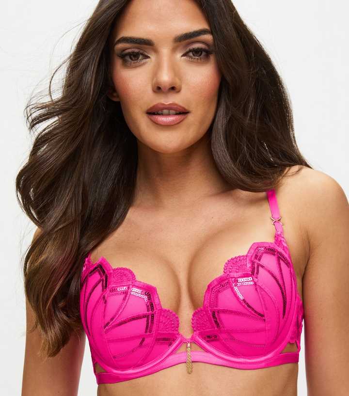  Ann Summers Bright Pink Sequinned Mesh Padded Plunge Bra